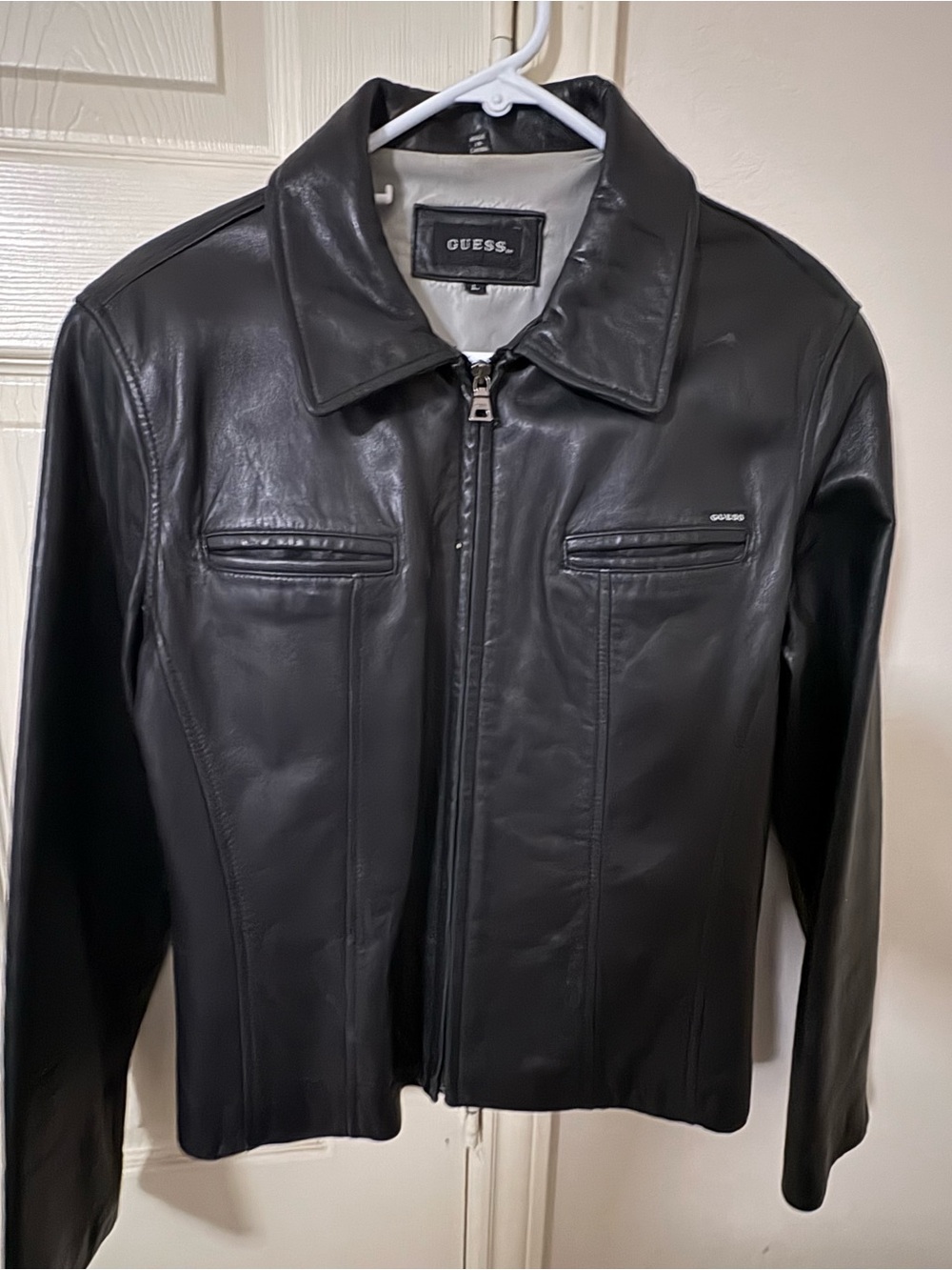 VIntage GUESS Black Leather Zip-Front Bomber Jacket